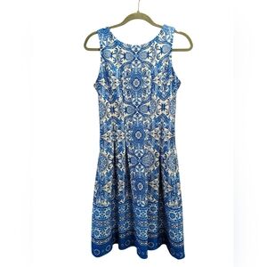 Julian Taylor Blue & White Pleated A Line Sleeveless Midi Dress- Size 6